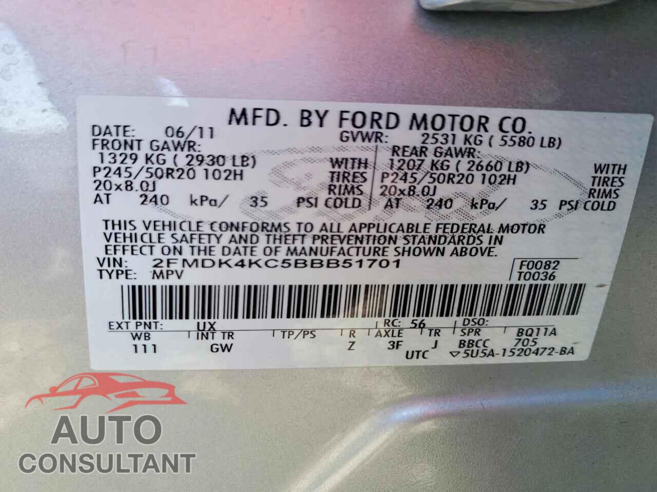 FORD EDGE 2011 - 2FMDK4KC5BBB51701