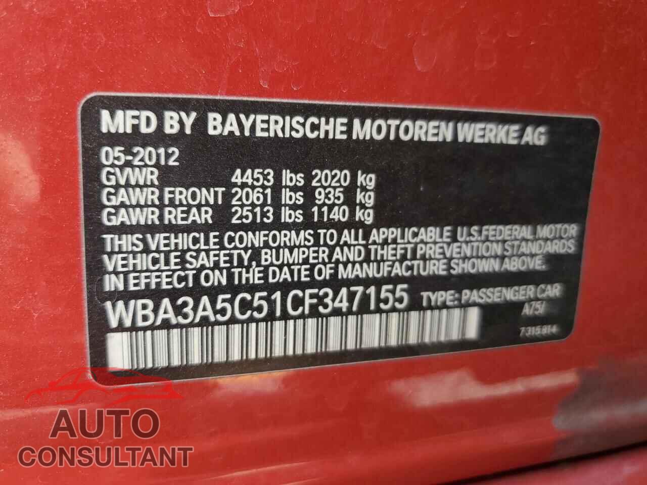 BMW 3 SERIES 2012 - WBA3A5C51CF347155