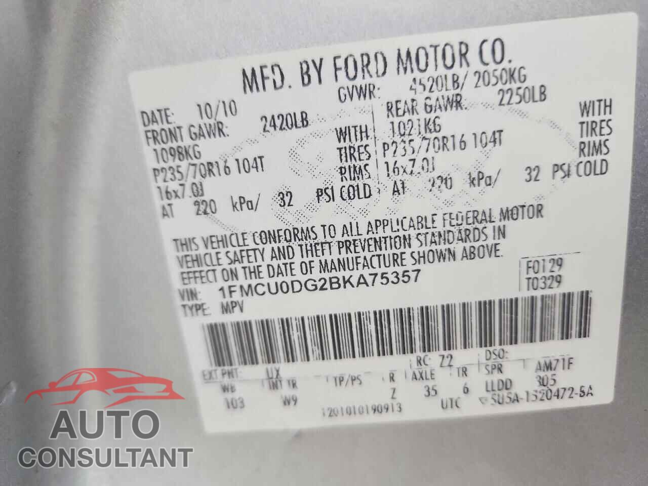 FORD ESCAPE 2011 - 1FMCU0DG2BKA75357