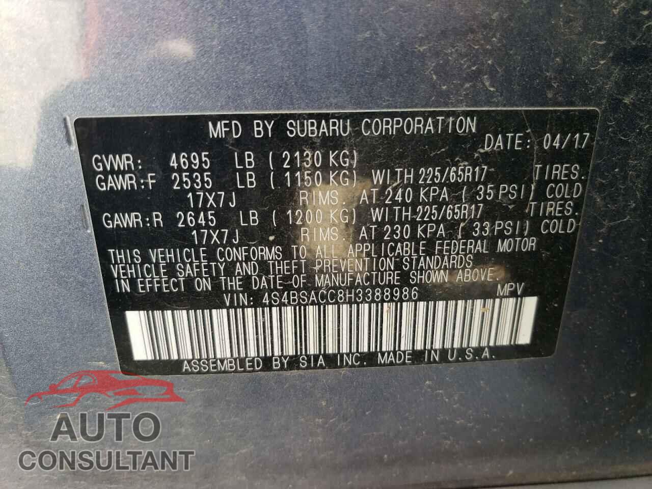 SUBARU OUTBACK 2017 - 4S4BSACC8H3388986