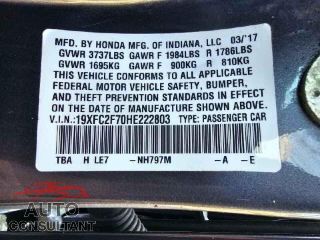 HONDA CIVIC 2017 - 19XFC2F70HE222803