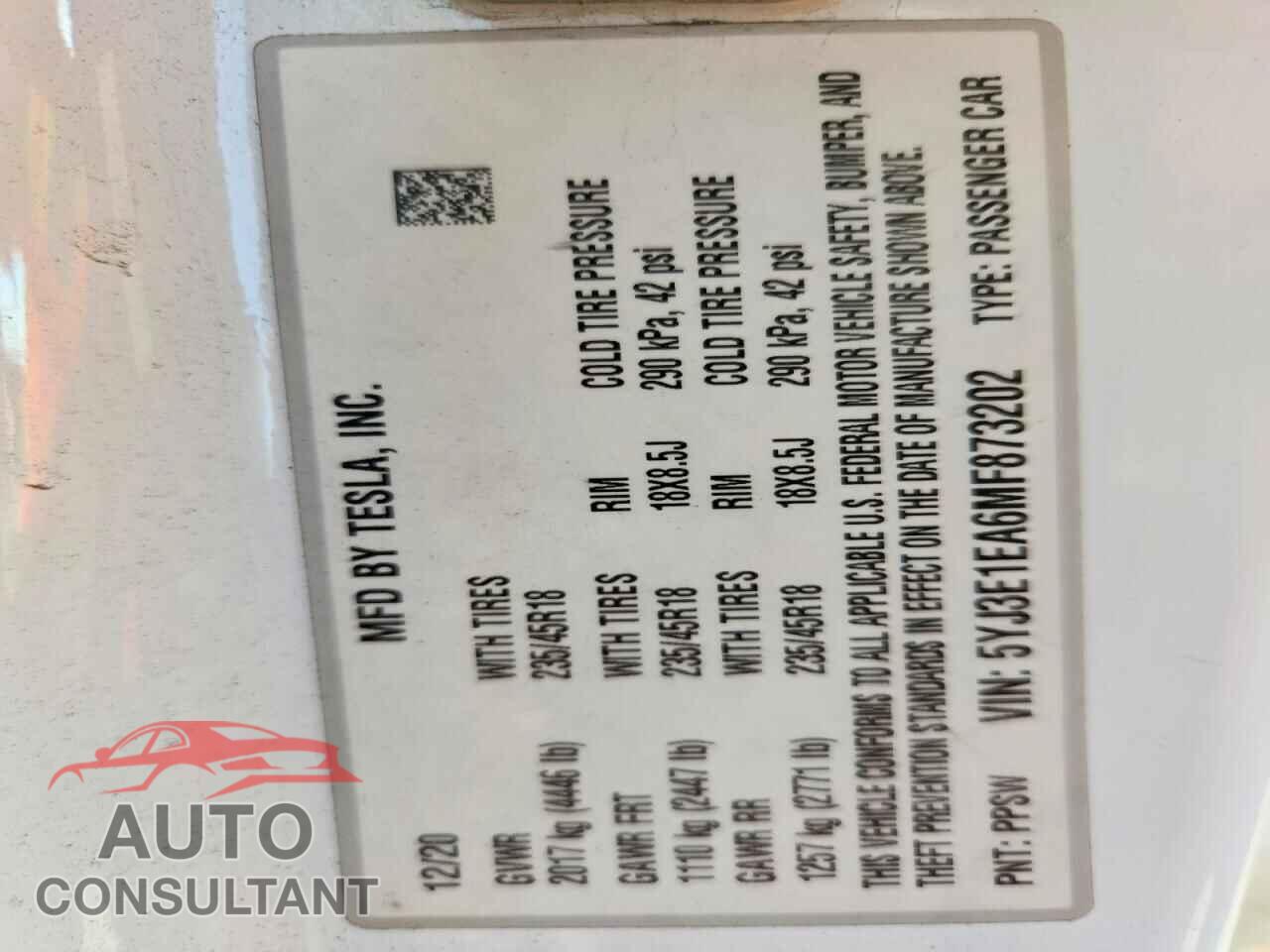 TESLA MODEL 3 2021 - 5YJ3E1EA6MF873202