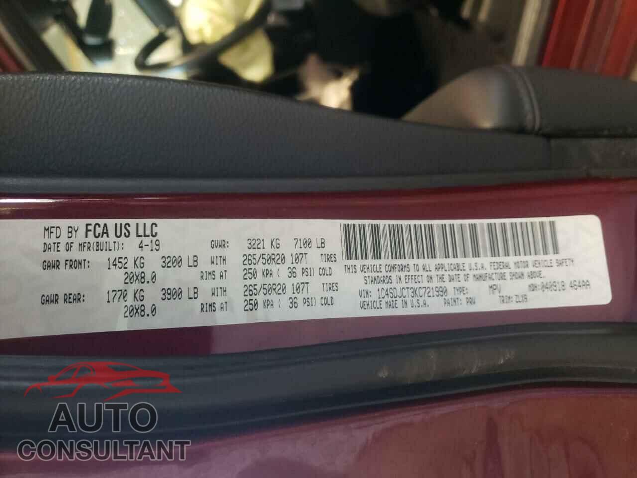 DODGE DURANGO 2019 - 1C4SDJCT3KC721990