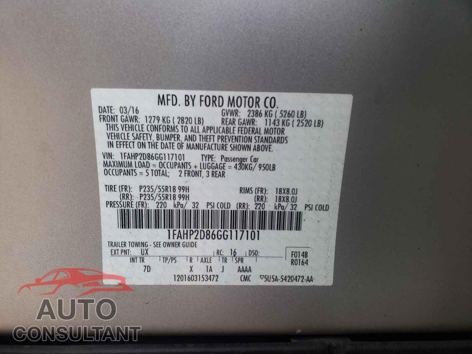 FORD TAURUS 2016 - 1FAHP2D86GG117101