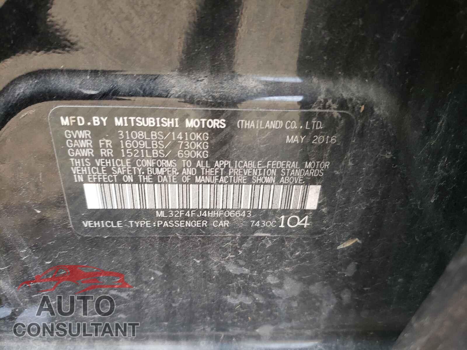 MITSUBISHI MIRAGE 2017 - ML32F4FJ4HHF06643