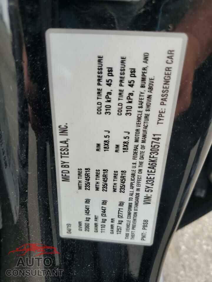 TESLA MODEL 3 2019 - 5YJ3E1EA6KF305741