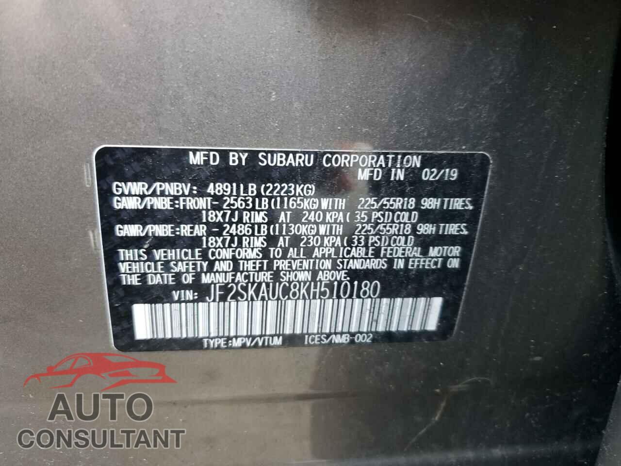 SUBARU FORESTER 2019 - JF2SKAUC8KH510180