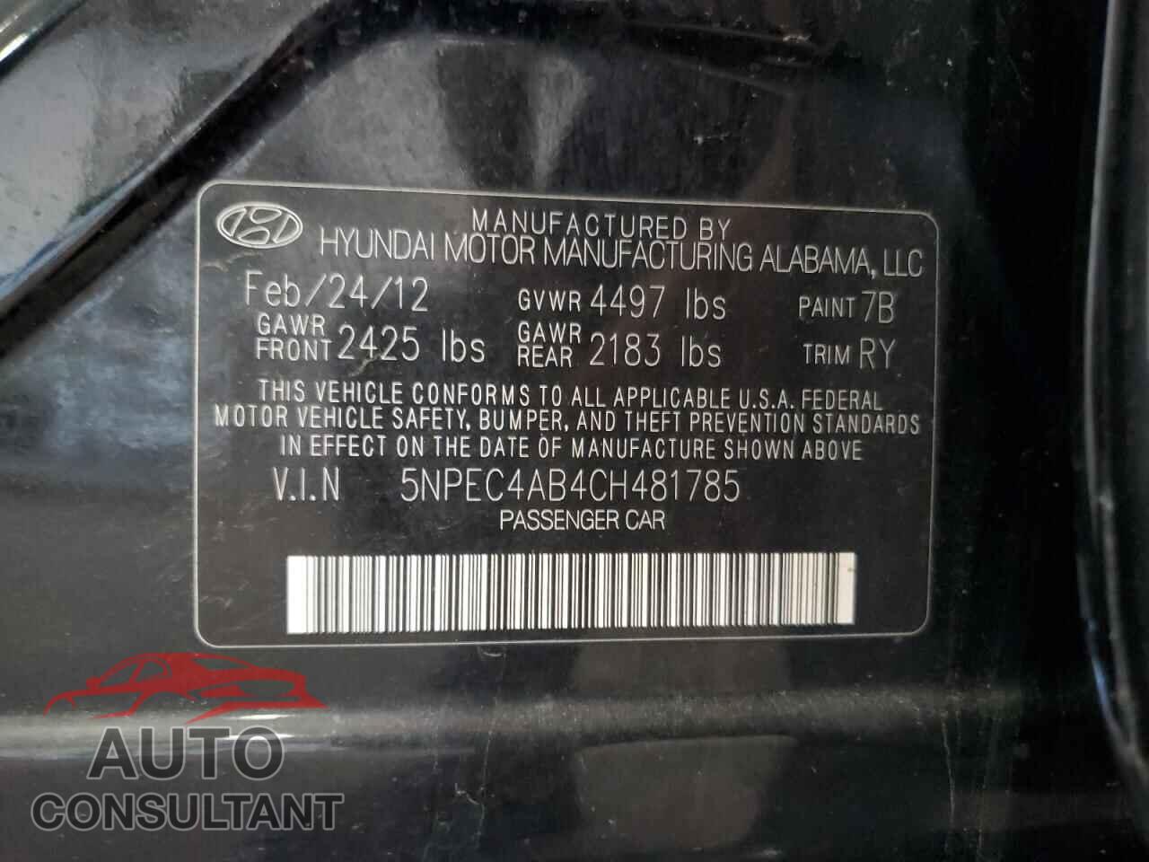 HYUNDAI SONATA 2012 - 5NPEC4AB4CH481785