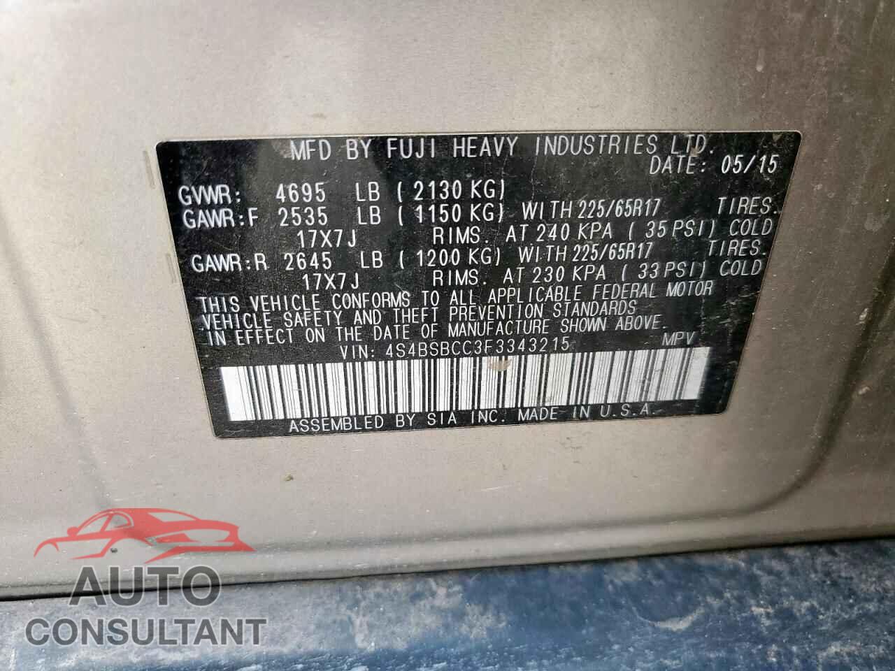 SUBARU OUTBACK 2015 - 4S4BSBCC3F3343215