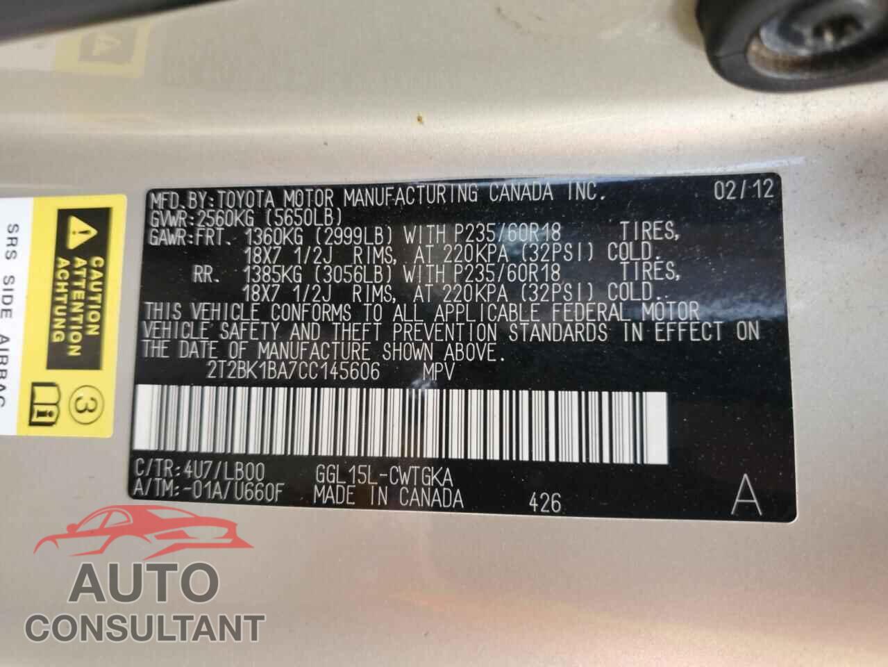 LEXUS RX350 2012 - 2T2BK1BA7CC145606