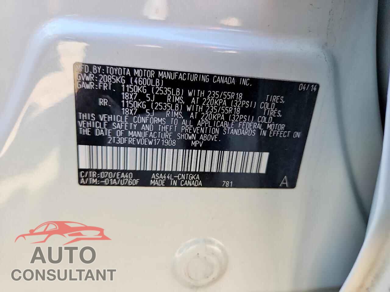 TOYOTA RAV4 2014 - 2T3DFREV0EW171908