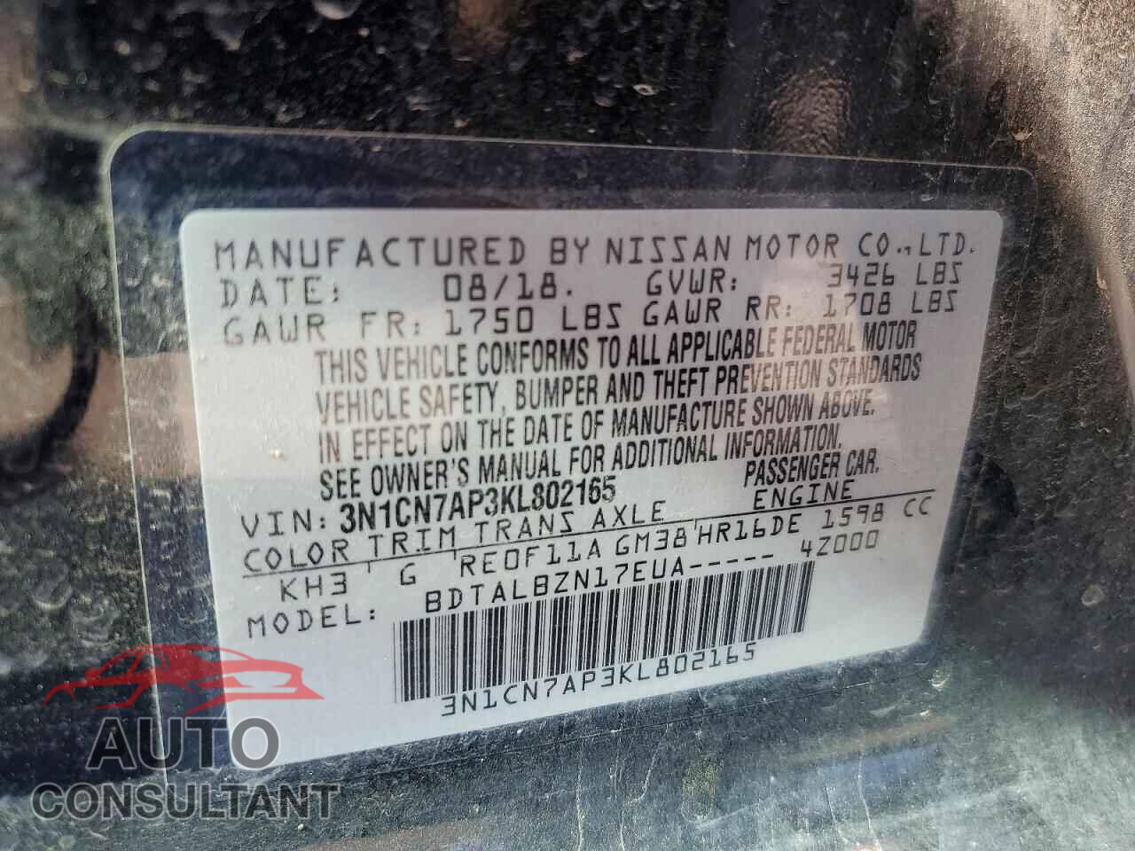 NISSAN VERSA SV 2019 - 3N1CN7AP3KL802165
