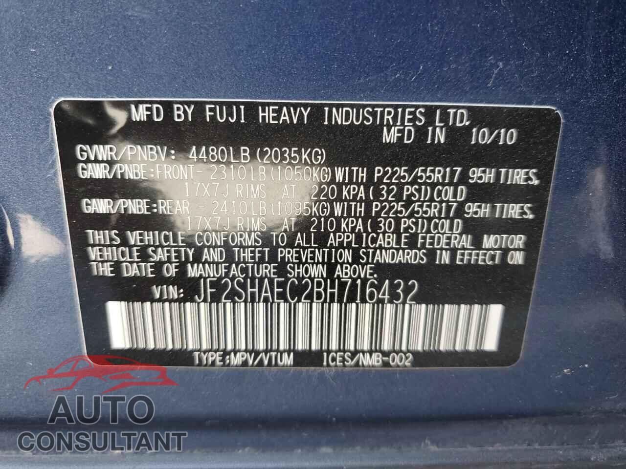 SUBARU FORESTER 2011 - JF2SHAEC2BH716432