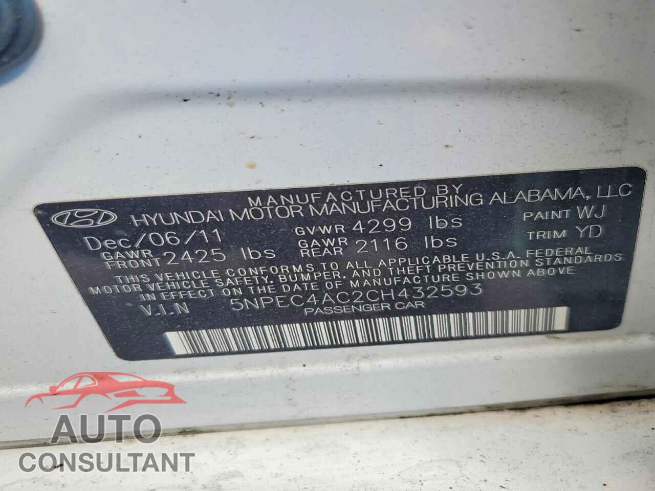 HYUNDAI SONATA 2012 - 5NPEC4AC2CH432593