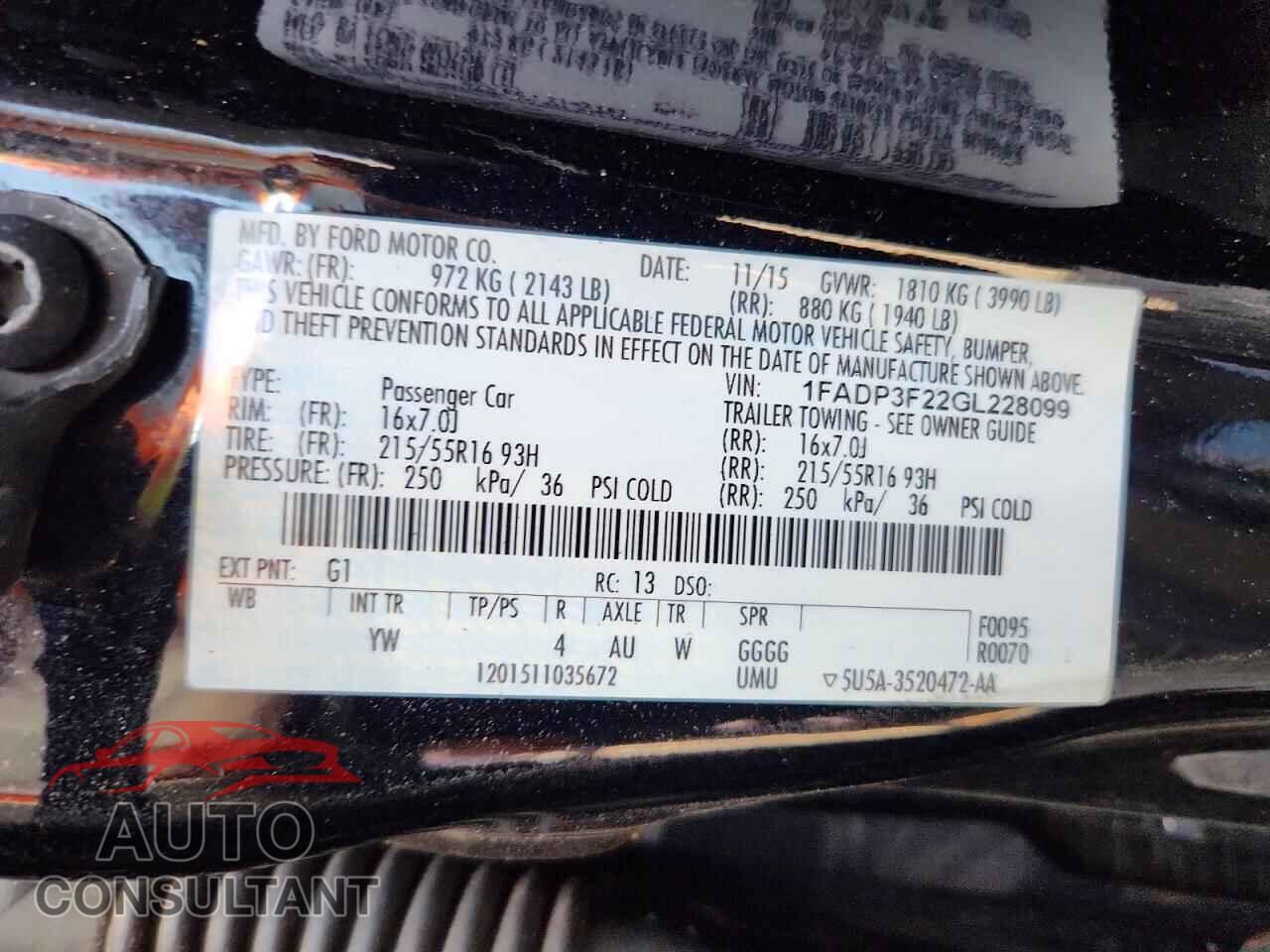 FORD FOCUS 2016 - 1FADP3F22GL228099