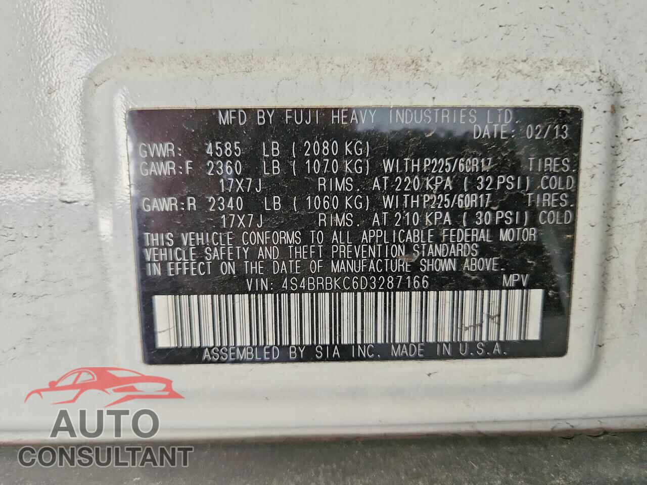 SUBARU OUTBACK 2013 - 4S4BRBKC6D3287166