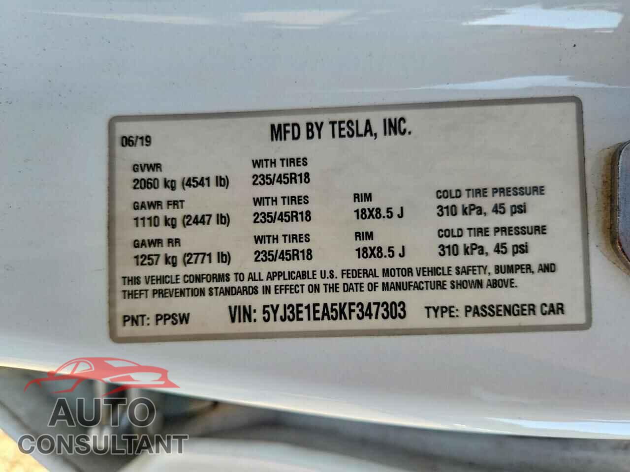 TESLA MODEL 3 2019 - 5YJ3E1EA5KF347303