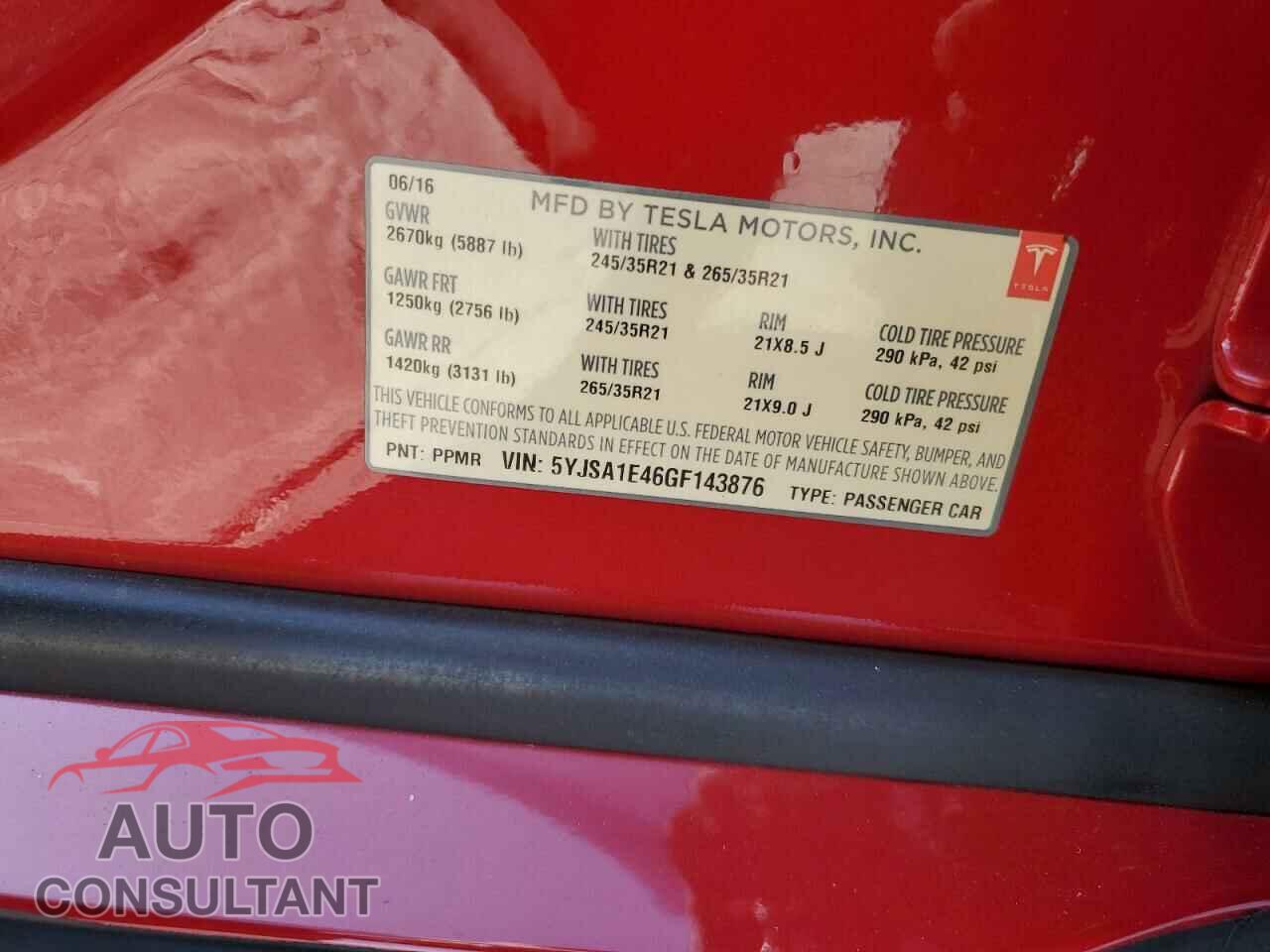 TESLA MODEL S 2016 - 5YJSA1E46GF143876