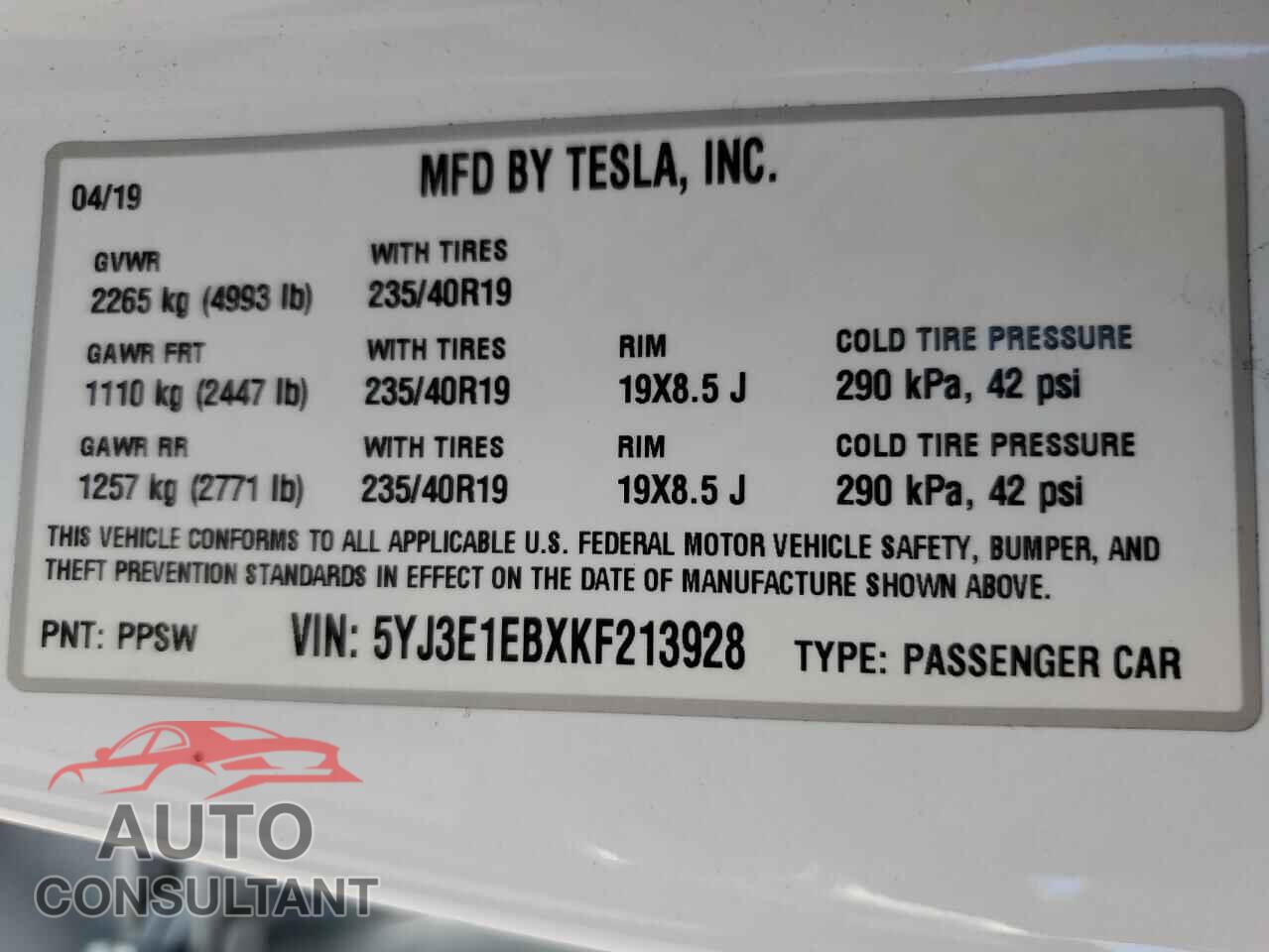TESLA MODEL 3 2019 - 5YJ3E1EBXKF213928