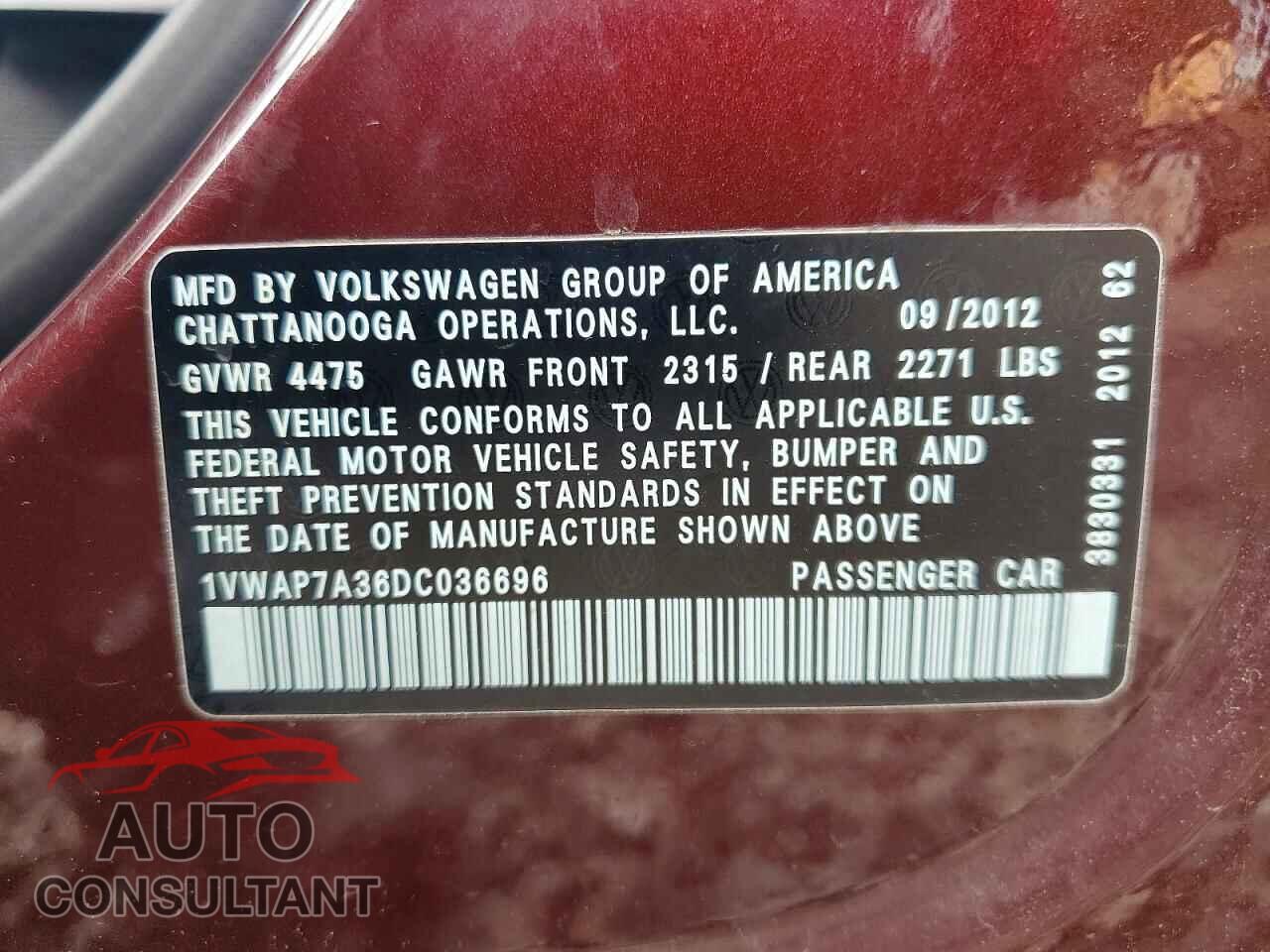 VOLKSWAGEN PASSAT 2013 - 1VWAP7A36DC036696