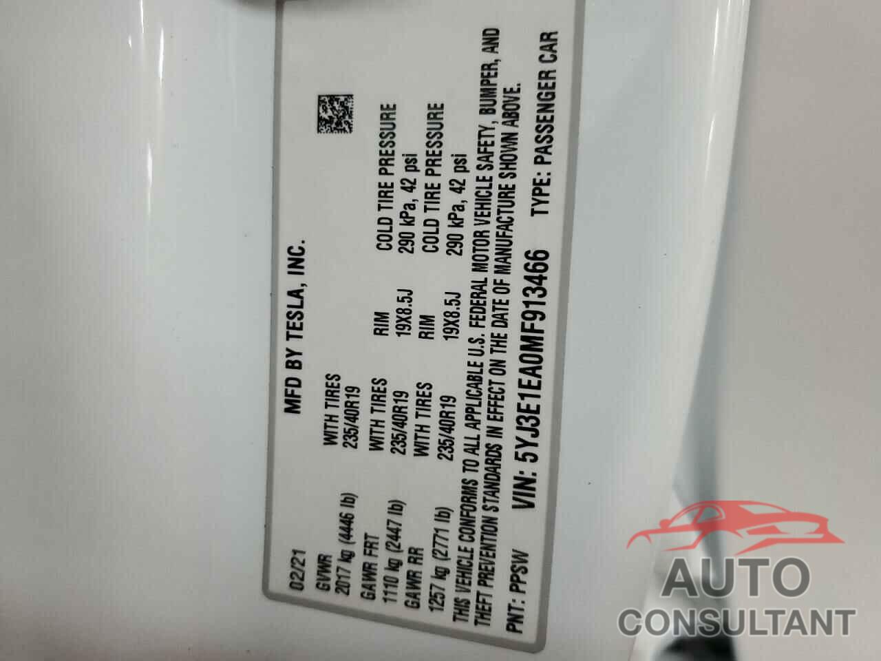 TESLA MODEL 3 2021 - 5YJ3E1EA0MF913466
