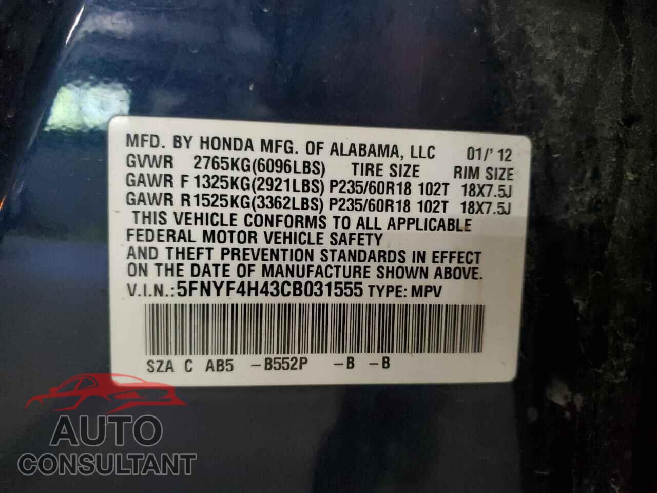 HONDA PILOT 2012 - 5FNYF4H43CB031555