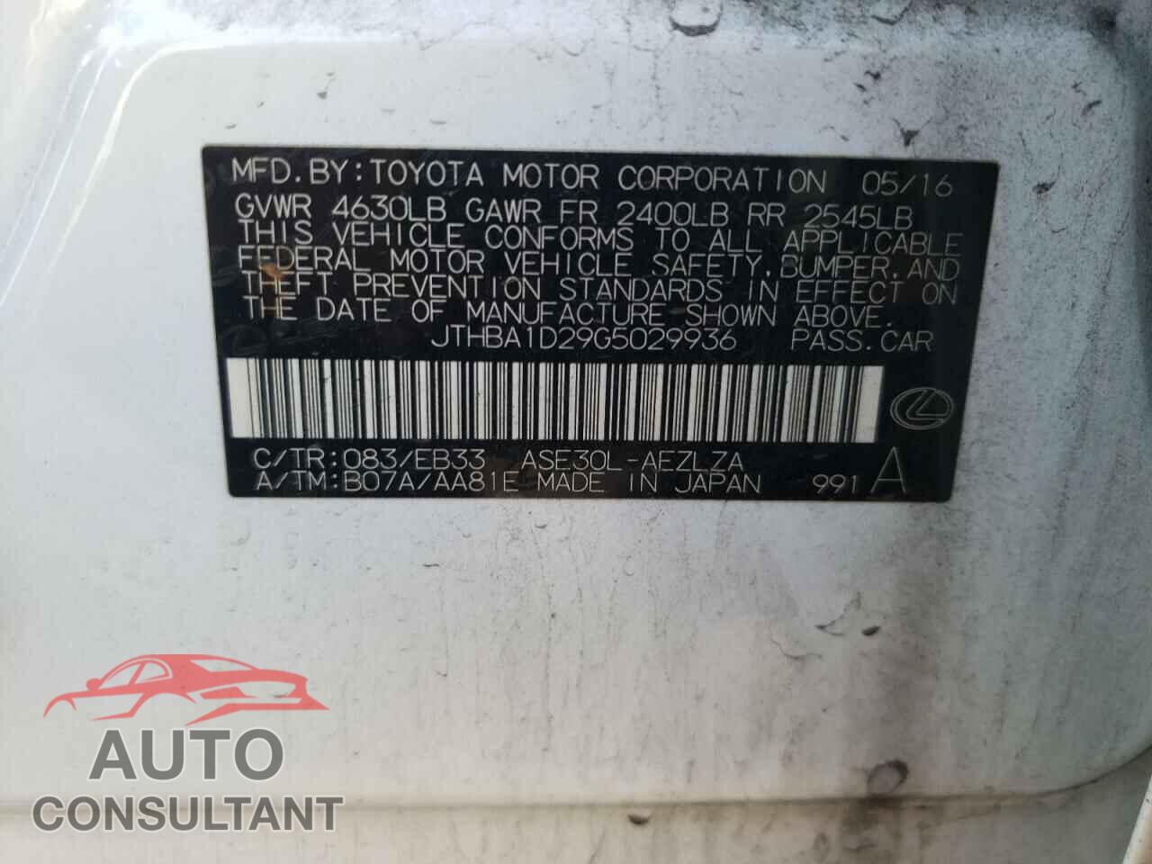 LEXUS IS 2016 - JTHBA1D29G5029936