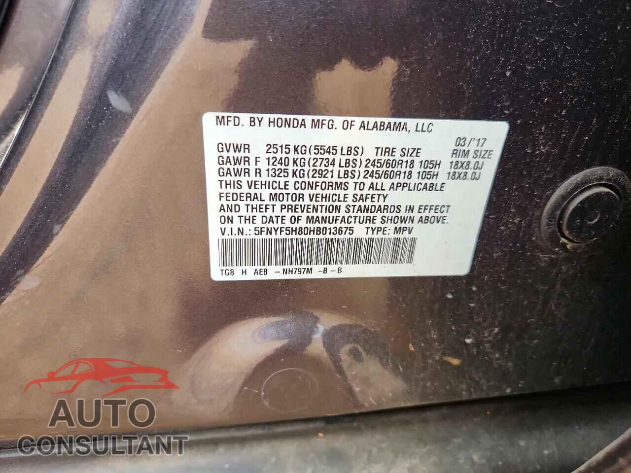 HONDA PILOT 2017 - 5FNYF5H80HB013675