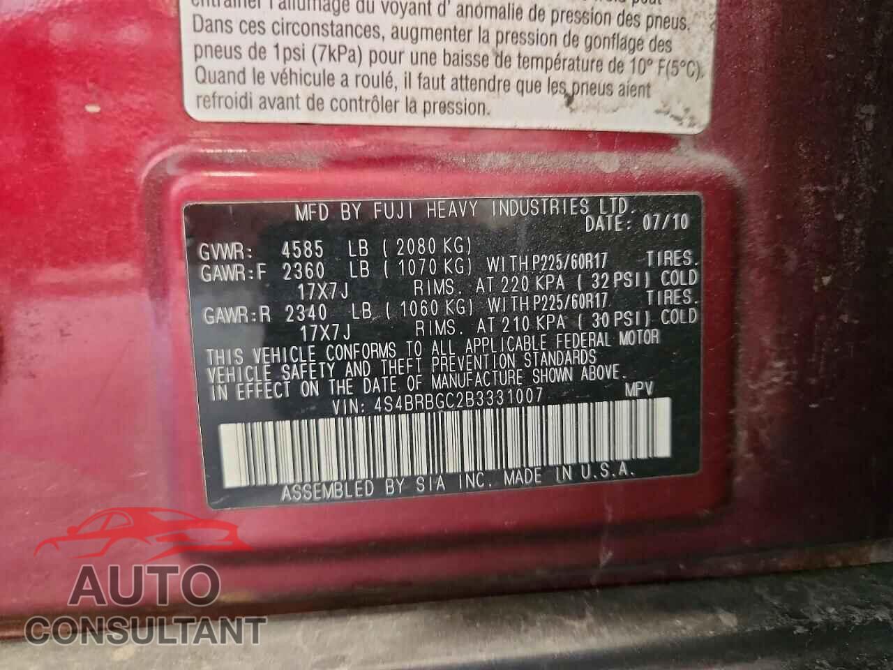 SUBARU OUTBACK 2011 - 4S4BRBGC2B3331007