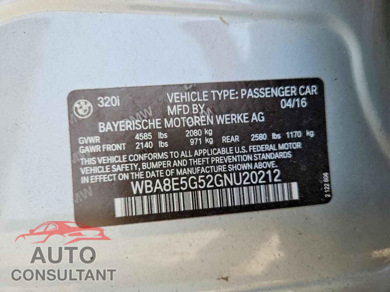 BMW 3 SERIES 2016 - WBA8E5G52GNU20212