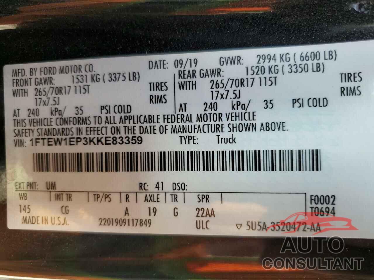 FORD F-150 2019 - 1FTEW1EP3KKE83359
