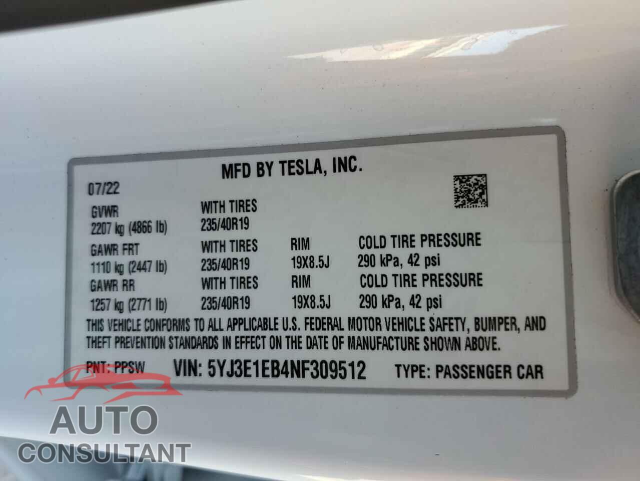 TESLA MODEL 3 2022 - 5YJ3E1EB4NF309512