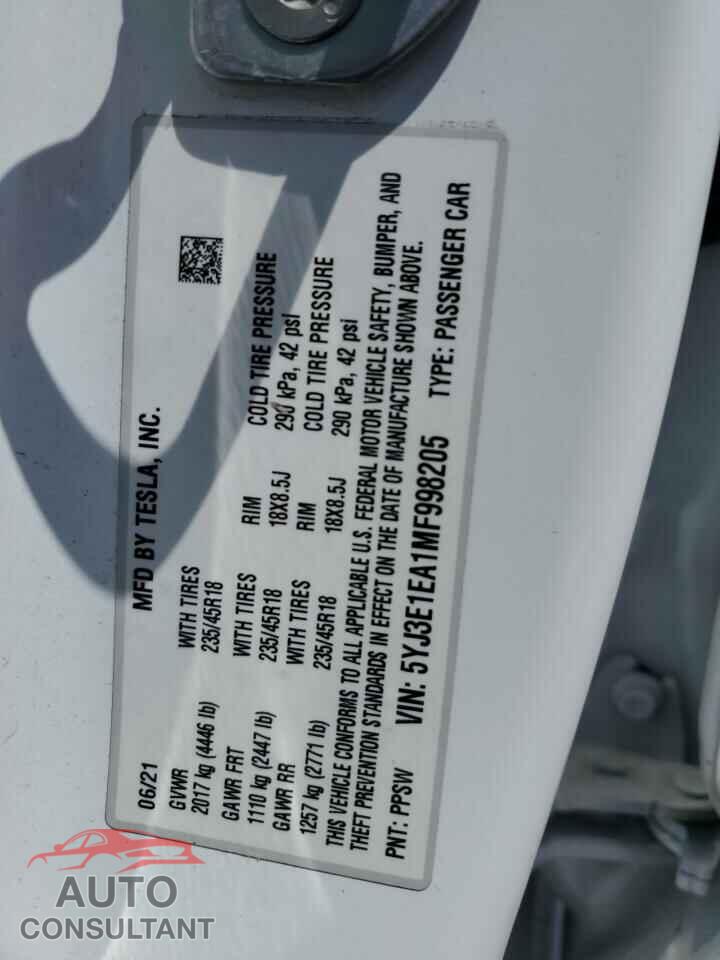 TESLA MODEL 3 2021 - 5YJ3E1EA1MF998205