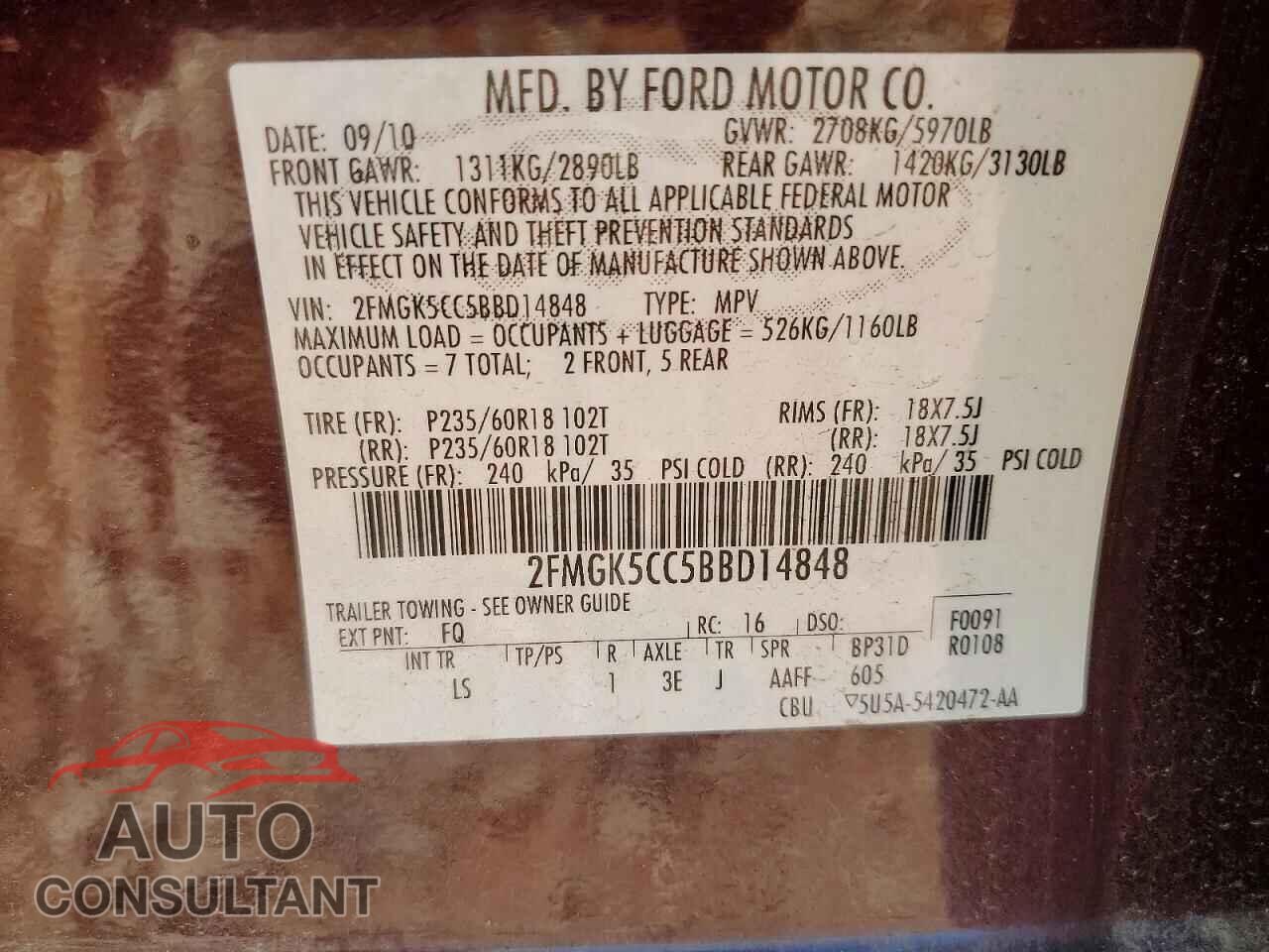 FORD FLEX 2011 - 2FMGK5CC5BBD14848