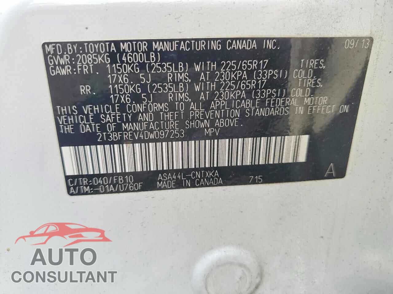 TOYOTA RAV4 2013 - 2T3BFREV4DW097253
