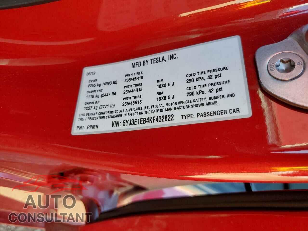 TESLA MODEL 3 2019 - 5YJ3E1EB4KF432822