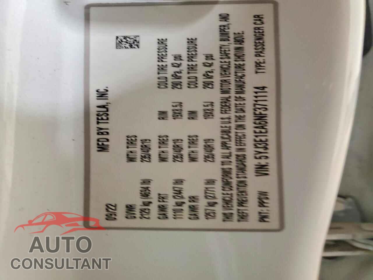 TESLA MODEL 3 2022 - 5YJ3E1EA6NF371114