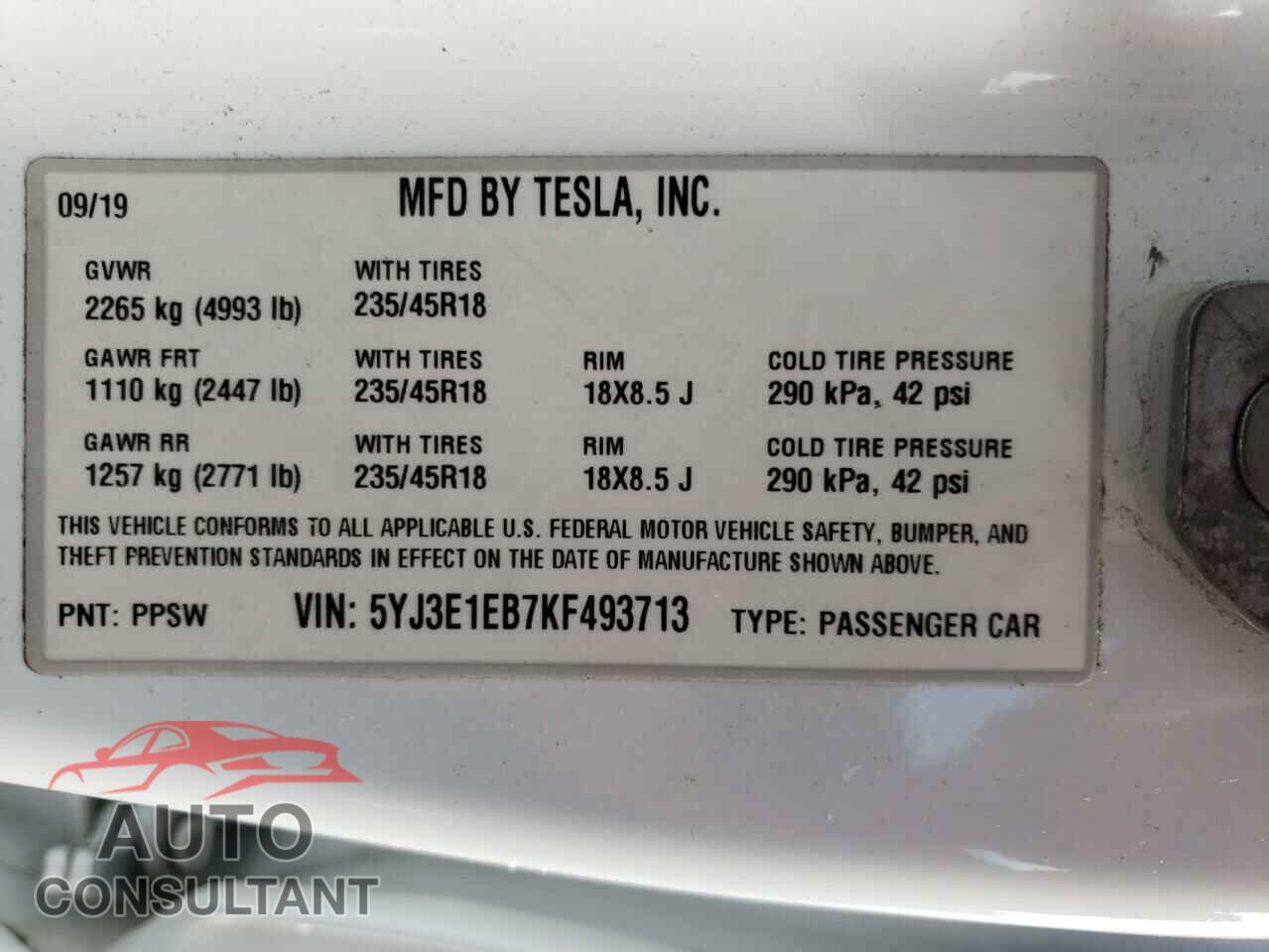 TESLA MODEL 3 2019 - 5YJ3E1EB7KF493713