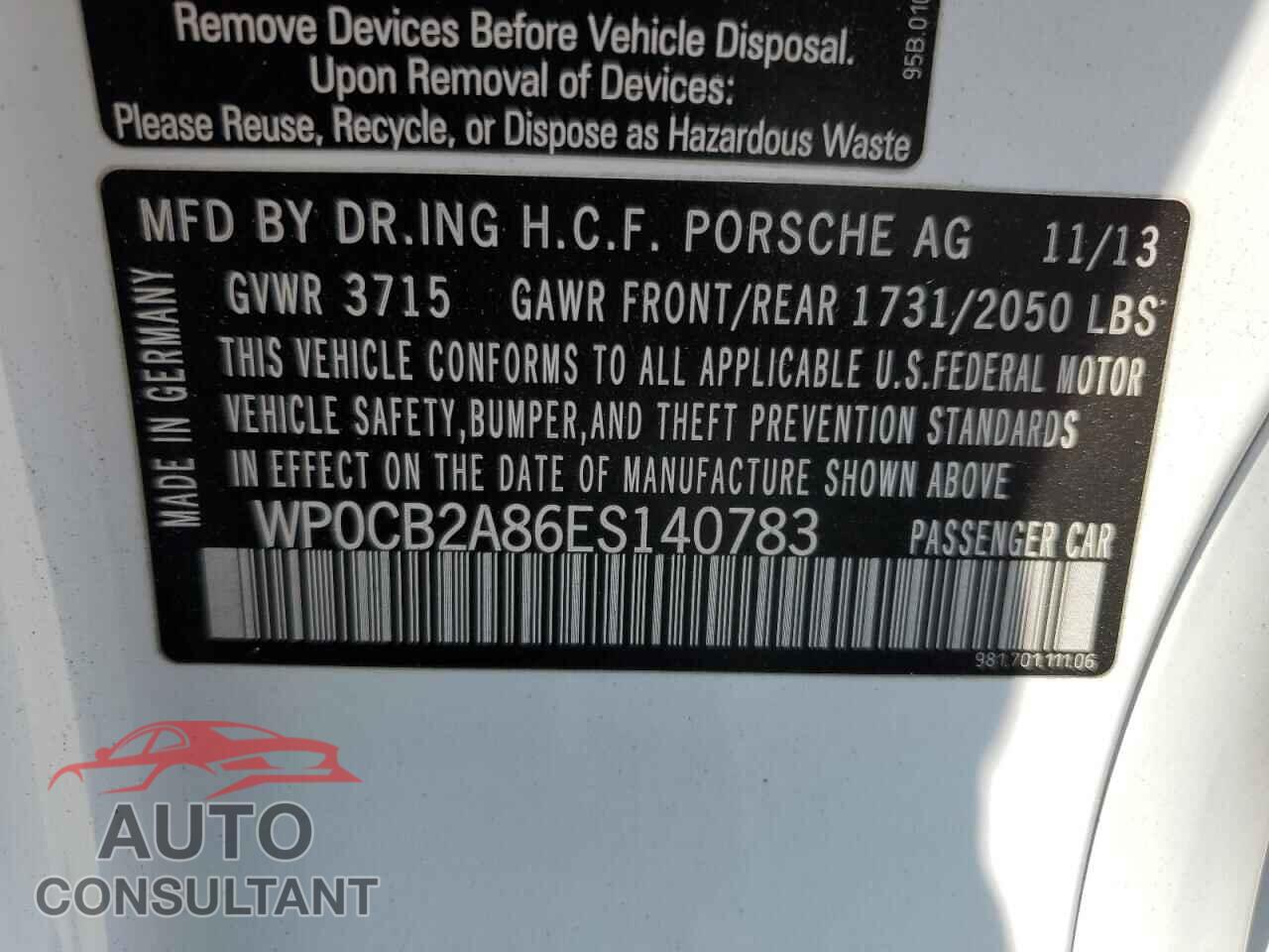 PORSCHE BOXSTER 2014 - WP0CB2A86ES140783