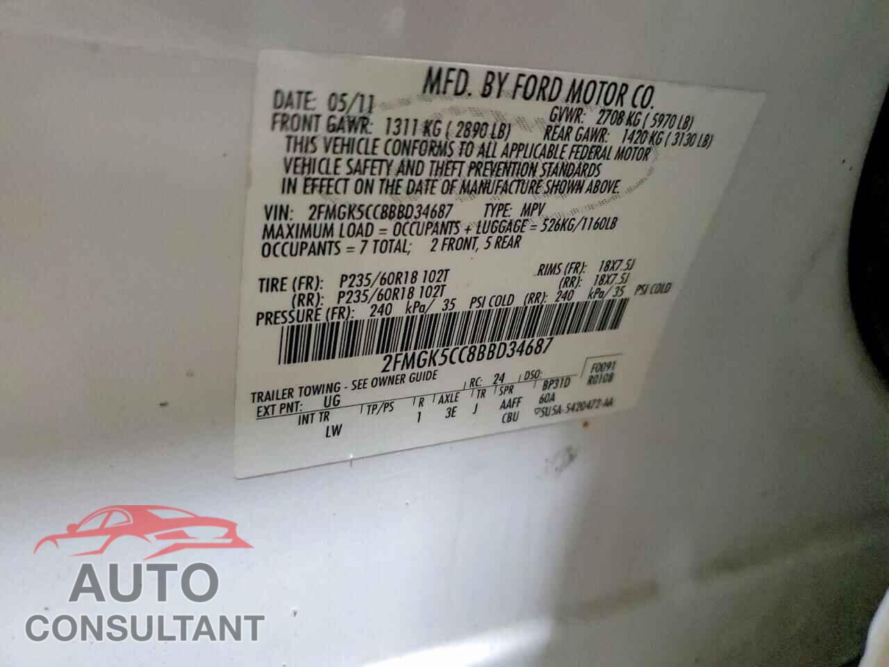 FORD FLEX 2011 - 2FMGK5CC8BBD34687