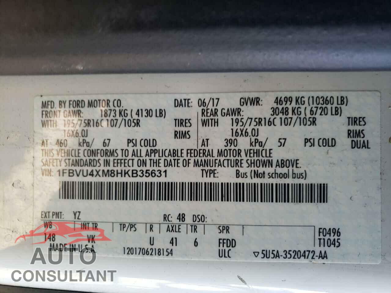FORD TRANSIT CO 2017 - 1FBVU4XM8HKB35631