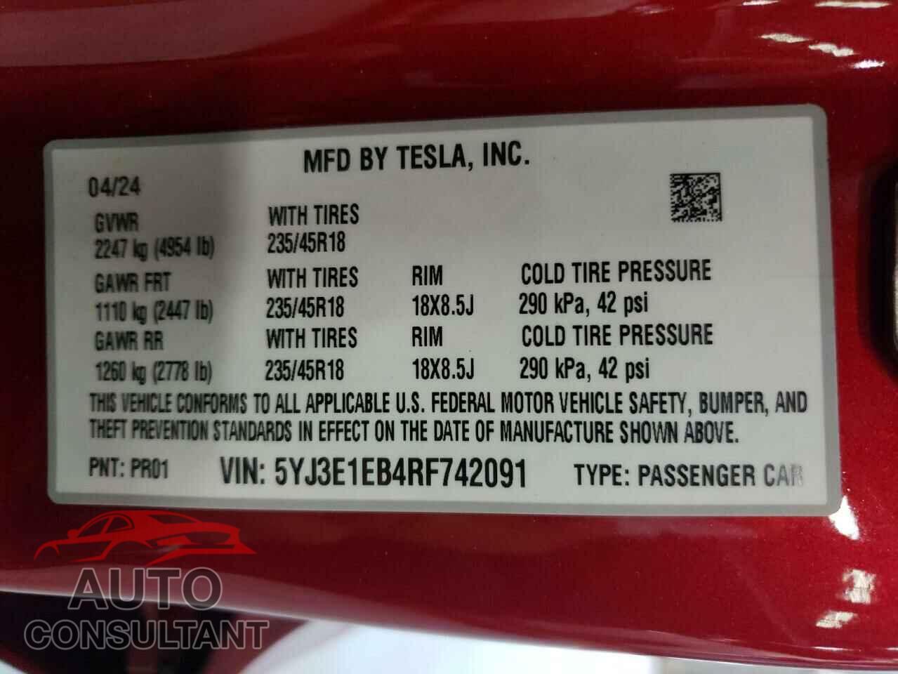 TESLA MODEL 3 2024 - 5YJ3E1EB4RF742091
