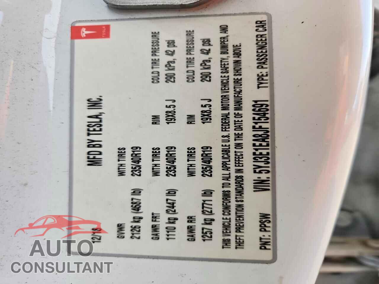 TESLA MODEL 3 2018 - 5YJ3E1EA8JF154691