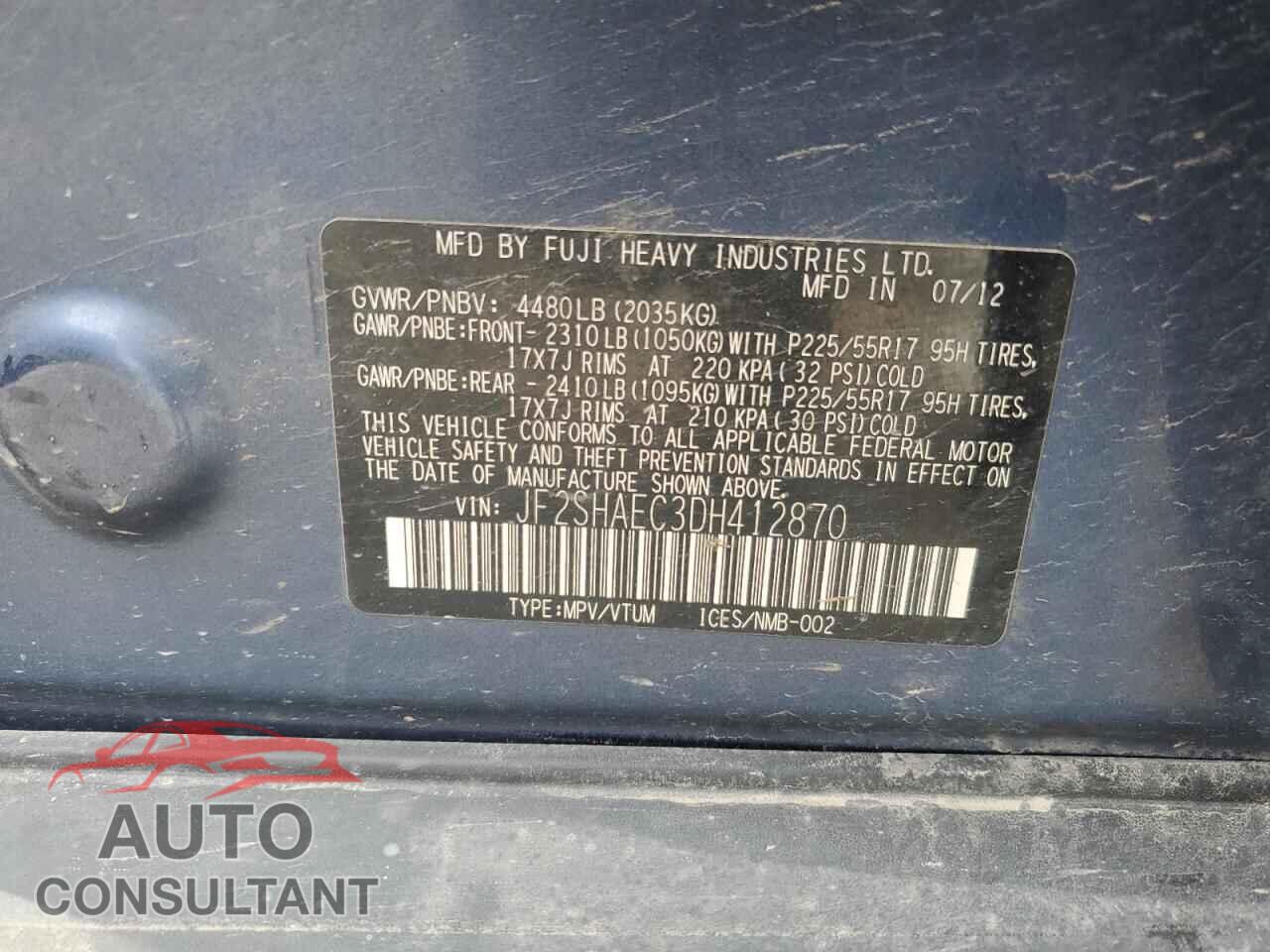 SUBARU FORESTER 2013 - JF2SHAEC3DH412870