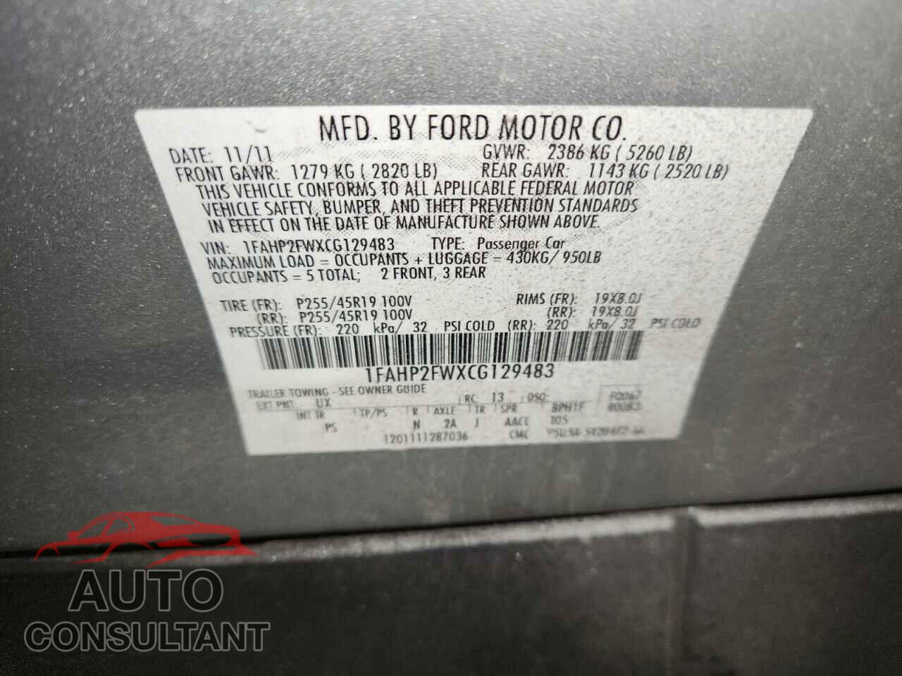 FORD TAURUS 2012 - 1FAHP2FWXCG129483
