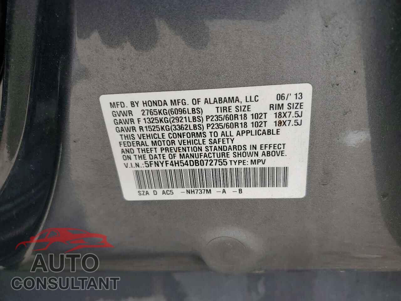 HONDA PILOT 2013 - 5FNYF4H54DB072755