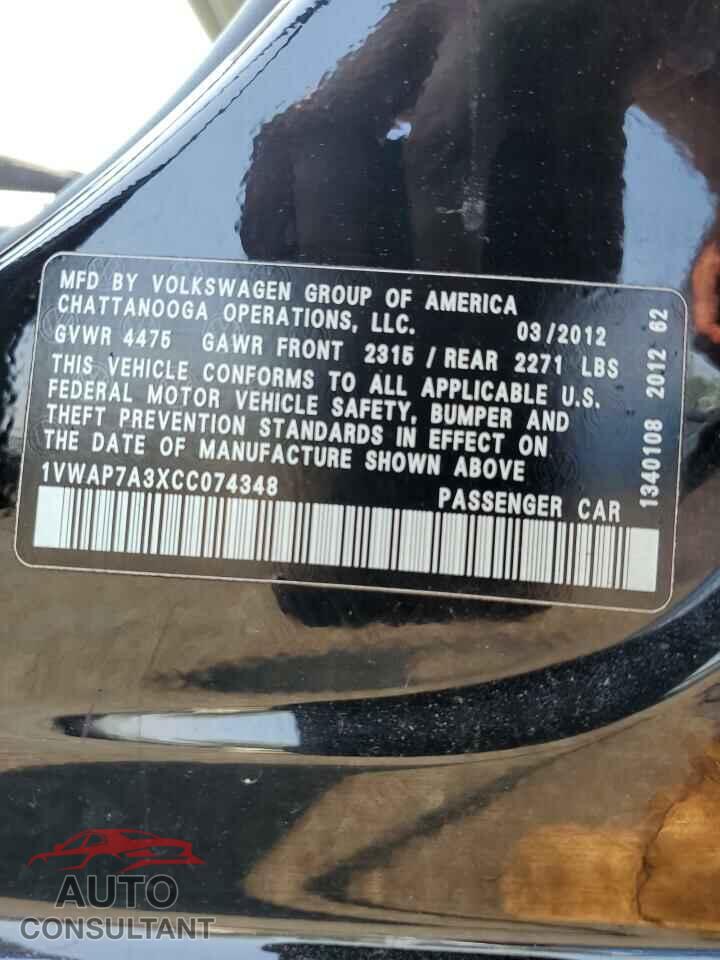 VOLKSWAGEN PASSAT 2012 - 1VWAP7A3XCC074348