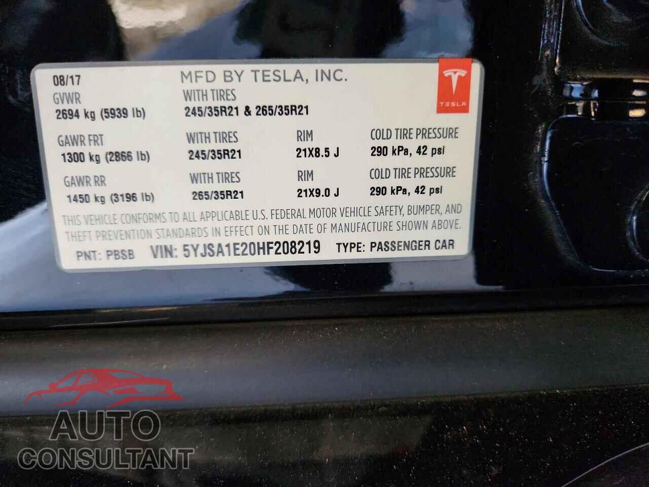 TESLA MODEL S 2017 - 5YJSA1E20HF208219
