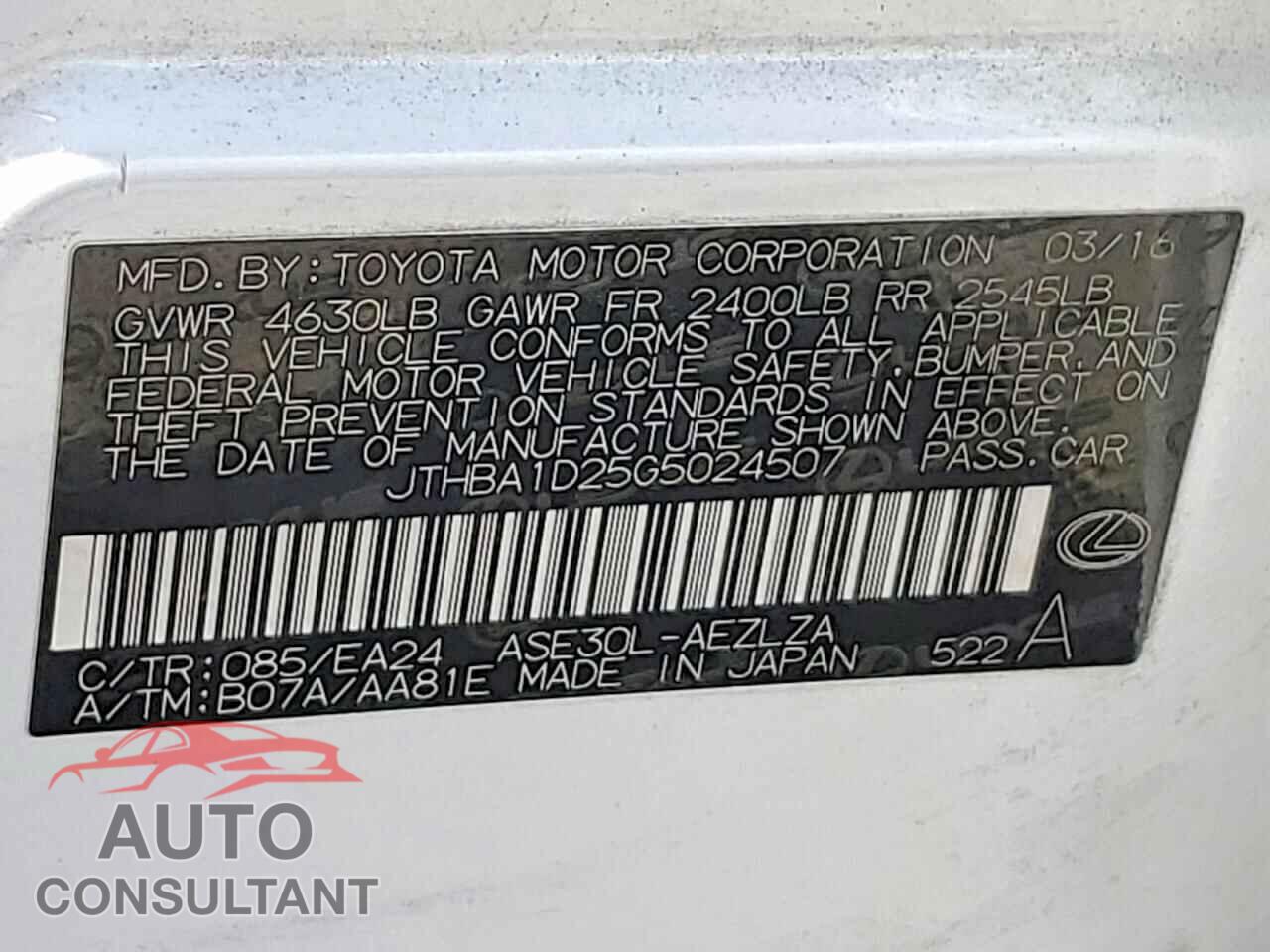 LEXUS IS 2016 - JTHBA1D25G5024507