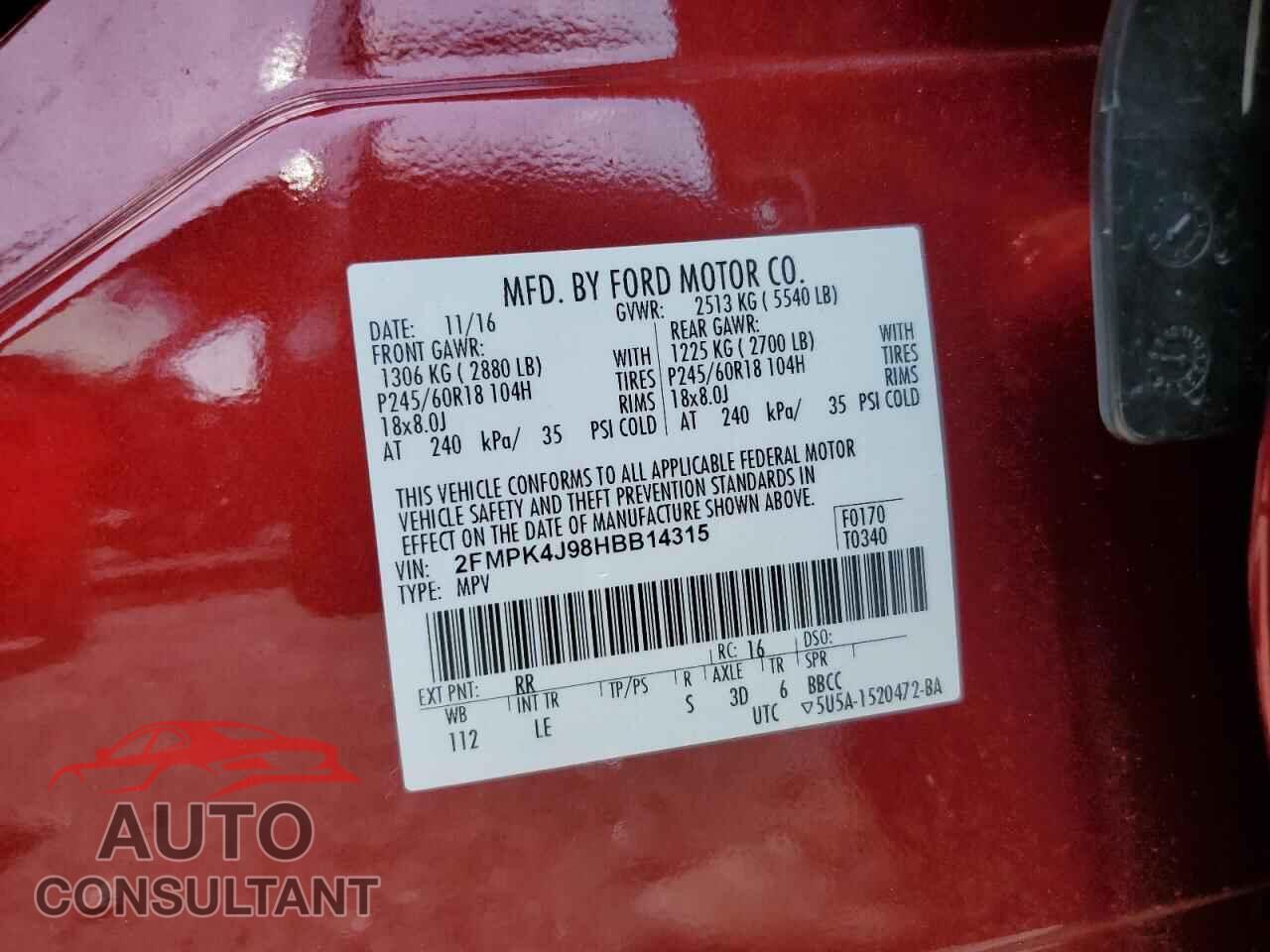 FORD EDGE 2017 - 2FMPK4J98HBB14315